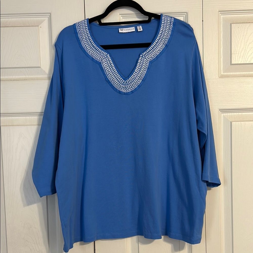 RAFAELLA Size 3X Blue White Embroidered V-Neck Coastal Nautical Blouse Shirt